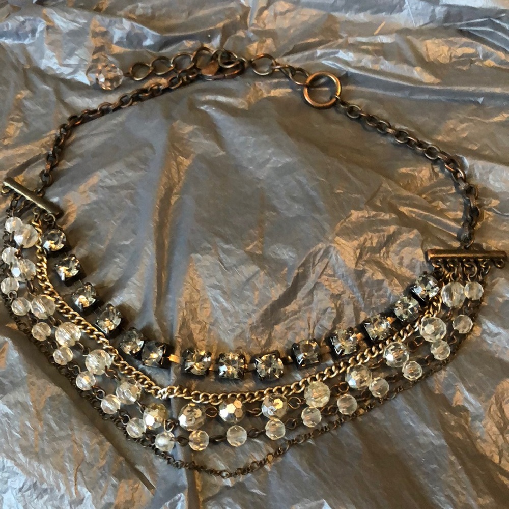Antiqued 4 strand rhinestone, chain, & beads 16.5”